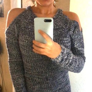 Off the Shoulder Blue and White Knitted Sweater